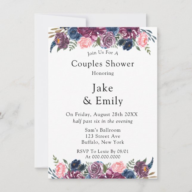 Invitation Marsala Blush Rose Marine Peony Couples Douche (Devant)
