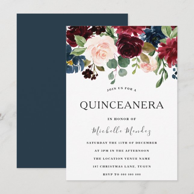 Invitation Marsala Bourgogne Aquarelle Fleurs Quinceanera (Devant / Derrière)