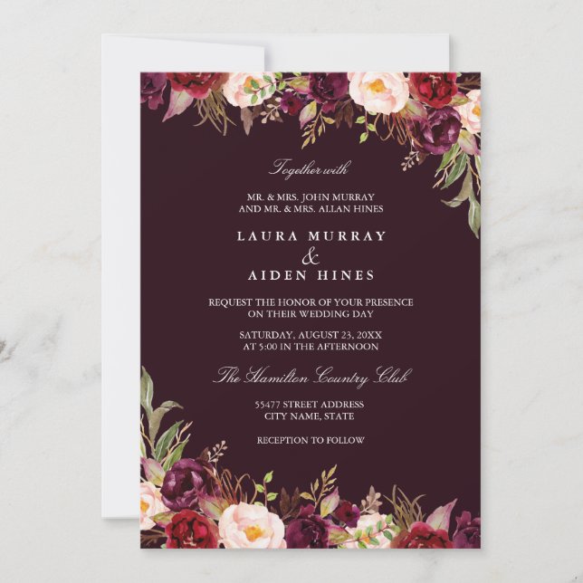 Invitation Marsala Bourgogne Aquarelle Mariage Floral (Devant)