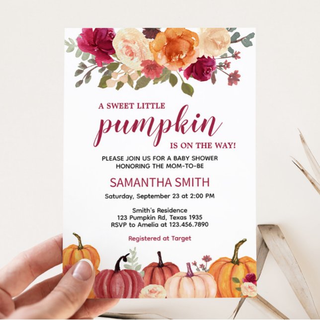 Invitation Marsala Bourgogne Citrouille Floral Baby shower (Marsala Floral Pumpkin Baby Shower Invitation)