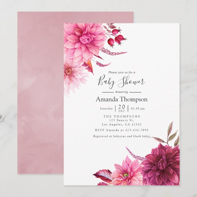 Invitation Marsala - Bourgogne et Baby shower floral clair (Devant / Derrière)