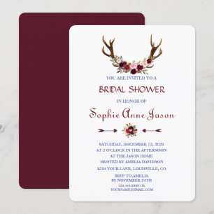 Invitation Marsala Bourgogne Floral Antlers Fête des mariées