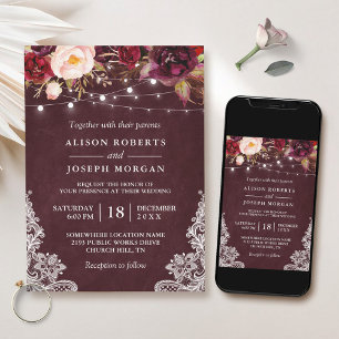 Invitation Marsala Bourgogne Floral Lace String Mariage
