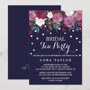 Invitation Marsala & Bourgogne Floral sur la Navy Bridal Tea 