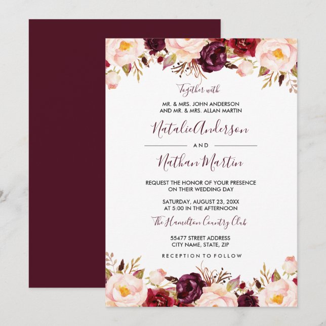 Invitation Marsala Bourgogne Rouge Aquarelle Mariage Floral (Devant / Derrière)