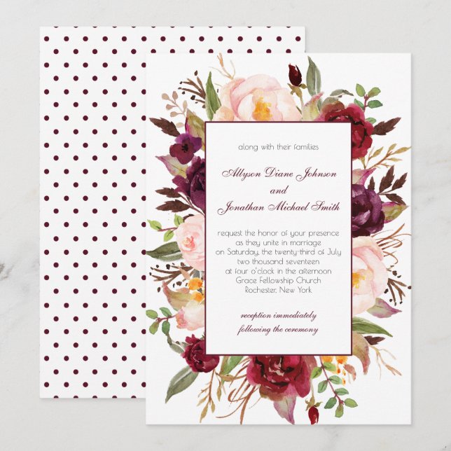 Invitation Marsala Bourgogne Rouge Blanc Roses Mariage Invita (Devant / Derrière)