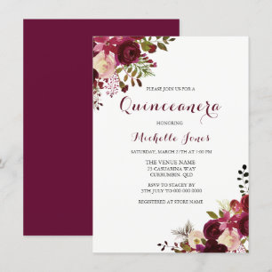 Invitation Marsala Bourgogne Rouge Floral Printemps Quinceane