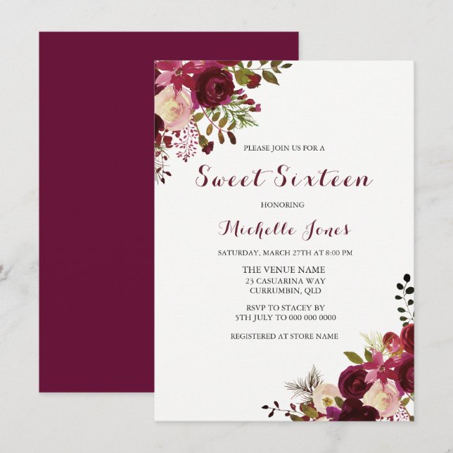 Invitation Marsala Bourgogne Rouge Floral Spring Sweet 16 Inv (Devant / Derrière)