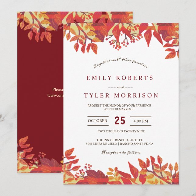 Invitation Marsala Brown Bourgogne Floral Mariage de automne (Devant / Derrière)