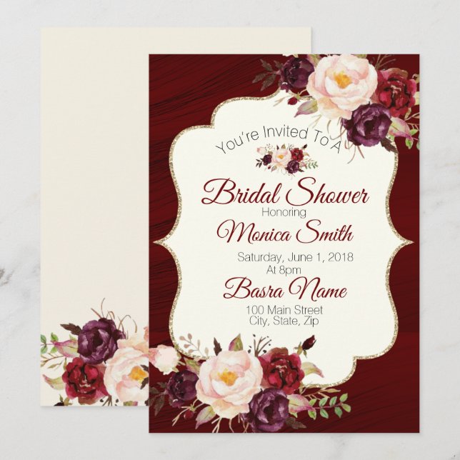 Invitation Marsala Burgandy Aquarelle Fête des mariées floral (Devant / Derrière)