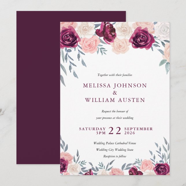 Invitation Marsala Burgundy Blush Aquarelle Mariage Floral (Devant / Derrière)