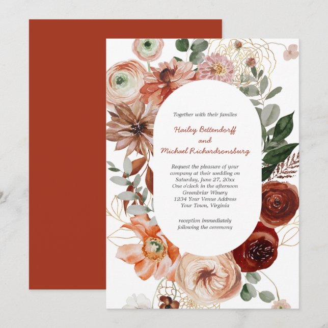 Invitation Marsala Burgundy Blush Fall Floral Mariage Invitat (Devant / Derrière)