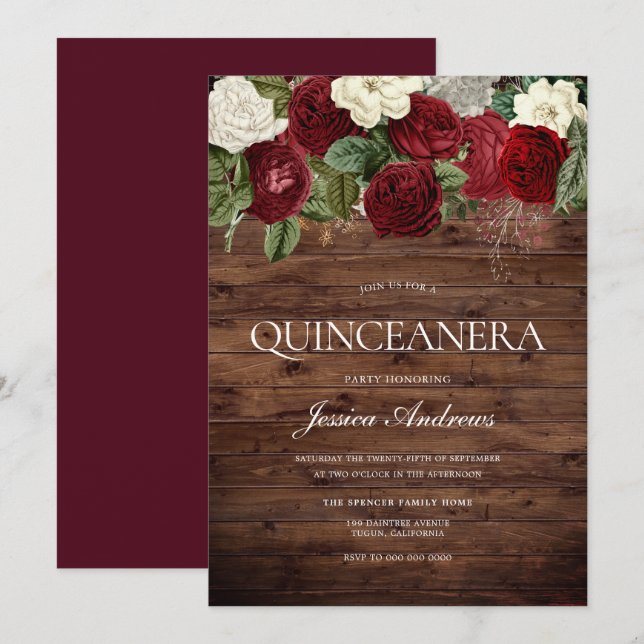 Invitation Marsala Burgundy Russe Rose Quinceanera Party (Devant / Derrière)