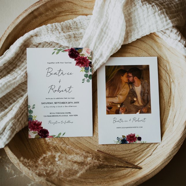 Invitation Marsala de Bourgogne et Mariage floral rose (Burgundy Marsala & Blush Pink Floral Wedding Photo Invitation)