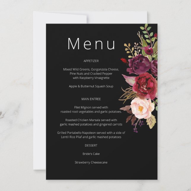 Invitation Marsala de Bourgogne et menu floral clair - Black  (Devant)
