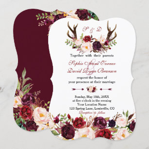 Invitation Marsala de Bourgogne Floral Antlers Monogram Maria