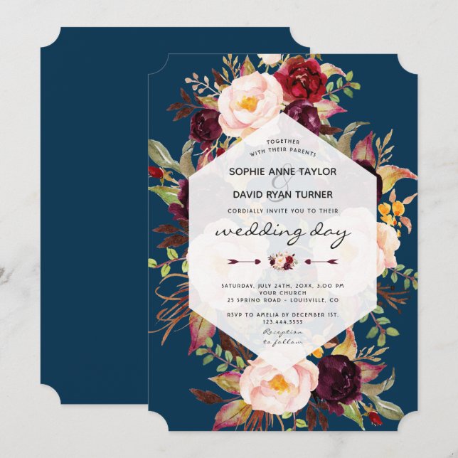 Invitation Marsala de Bourgogne Floral Mariage géométrique (Devant / Derrière)