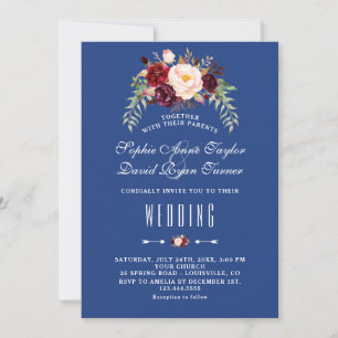 Invitation Marsala de Bourgogne Floral Navy Mariage bleu