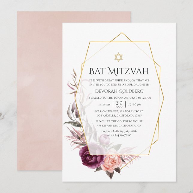 Invitation Marsala et flush Bat mitzvah géométrique (Devant / Derrière)