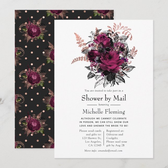 Invitation Marsala et Rose Gold Floral Douche par Mail (Devant / Derrière)