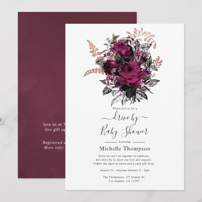 Invitation Marsala et Rose Gold Floral Drive par douche (Devant / Derrière)