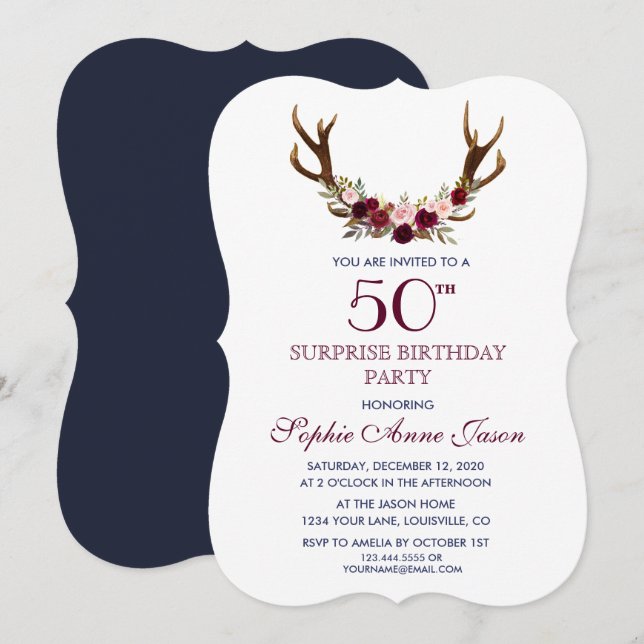 Invitation Marsala Floral Antlers Marine 50e Surprix Annivers (Devant / Derrière)