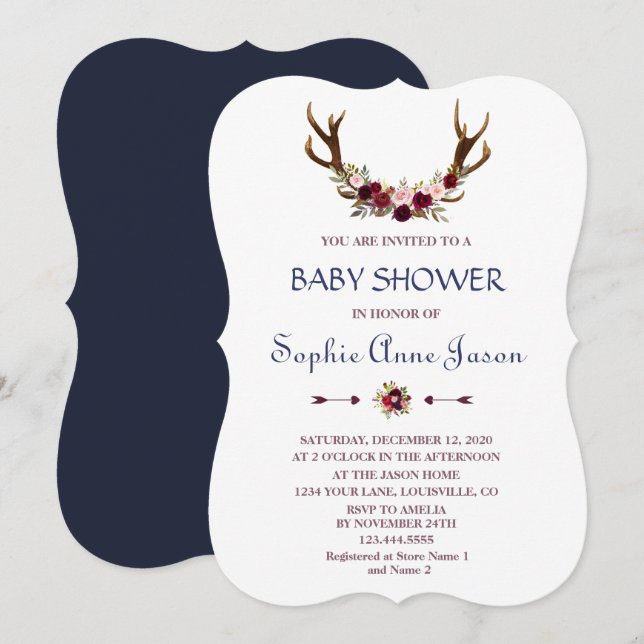 Invitation Marsala Floral Antlers Marine Baby shower Bleu Aut (Devant / Derrière)