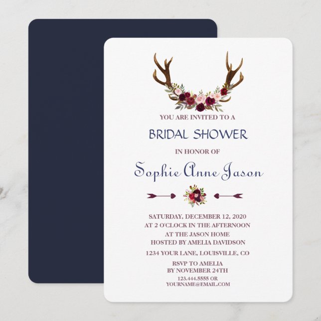 Invitation Marsala Floral Antlers Marine Fête des mariées d'a (Devant / Derrière)