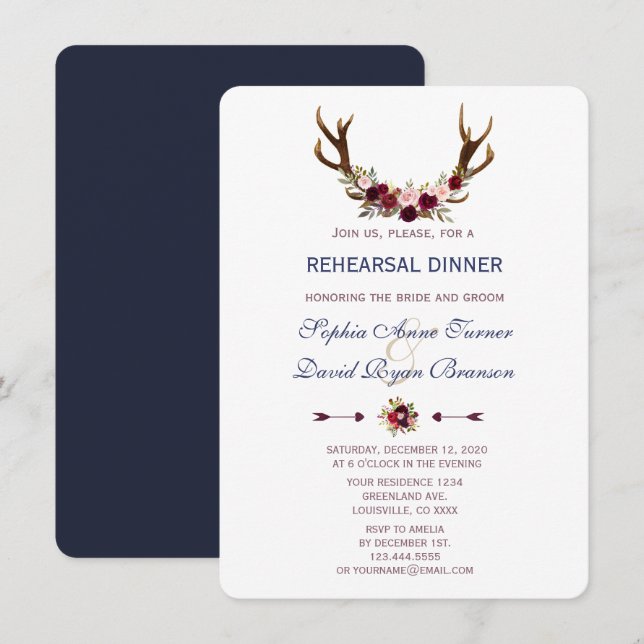 Invitation Marsala Floral Antlers Navy Dîner de répétition bl (Devant / Derrière)