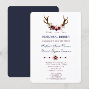 Invitation Marsala Floral Antlers Navy Dîner de répétition bl