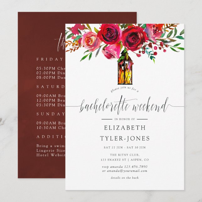 Invitation Marsala Floral Bachelorette Week-end Itinéraire (Devant / Derrière)
