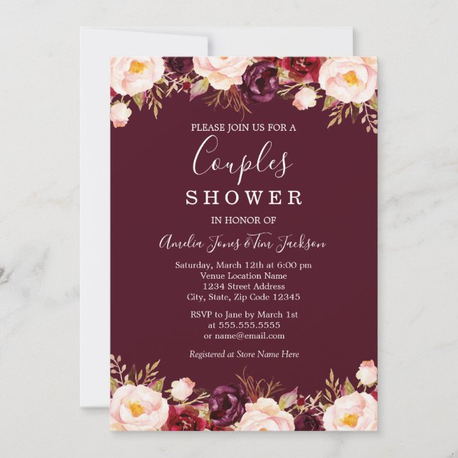 Invitation Marsala Floral Bourgogne Mariage Couples Douche (Devant)
