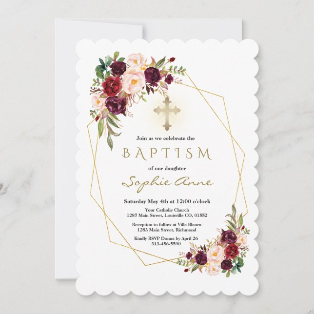 Invitation Marsala Floral Floral Gold Cross Baptême de Bourgo (Devant)