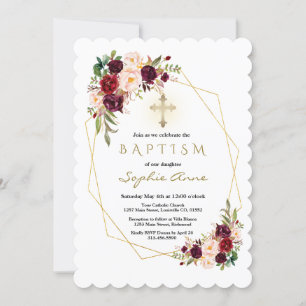 Invitation Marsala Floral Floral Gold Cross Baptême de Bourgo