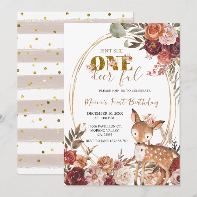 Invitation Marsala Floral One Deer Ful Girl Premier anniversa (Devant / Derrière)