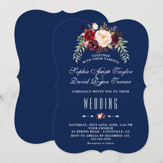 Invitation Marsala Floral Royal Navy Bleu Mariage (Devant / Derrière)