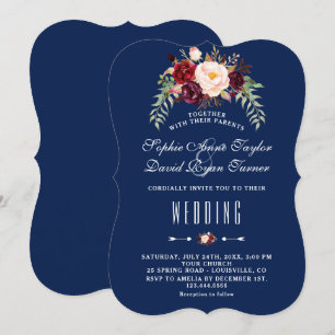 Invitation Marsala Floral Royal Navy Bleu Mariage