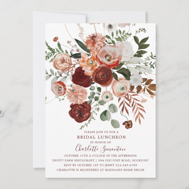 Invitation Marsala Pink Terracotta Floral Bride déjeuner Inv (Devant)