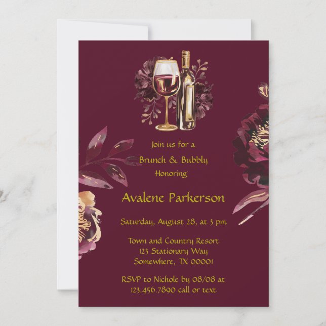 Invitation Marsala Red et Gold Peony Brunch et Bubbly (Devant)