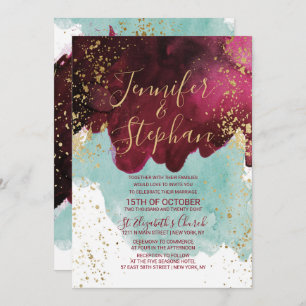 Invitation Marsala Red Turquoise Watercolor Gold Splash Maria