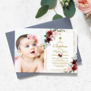 Invitation Marsala Rose & Gold Frame Photo Girl Baptême