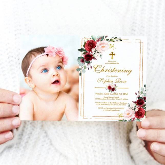 Invitation Marsala Rose & Gold Frame Photo Girl Christening (Créateur téléchargé)