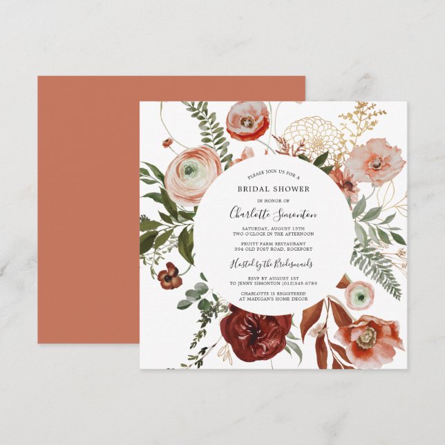 Invitation Marsala rose Orange Fête des mariées florale (Devant / Derrière)