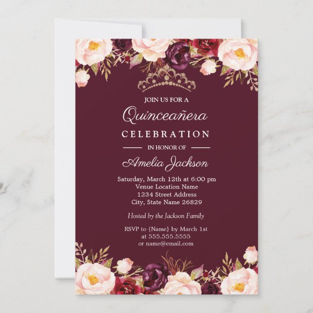 Invitation Marsala Rouge Bourgogne Aquarelle Florale Quincean (Devant)