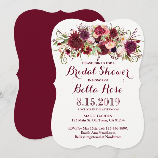 Invitation Marsala Rouge Bourgogne Floral Fête des mariées In (Devant / Derrière)