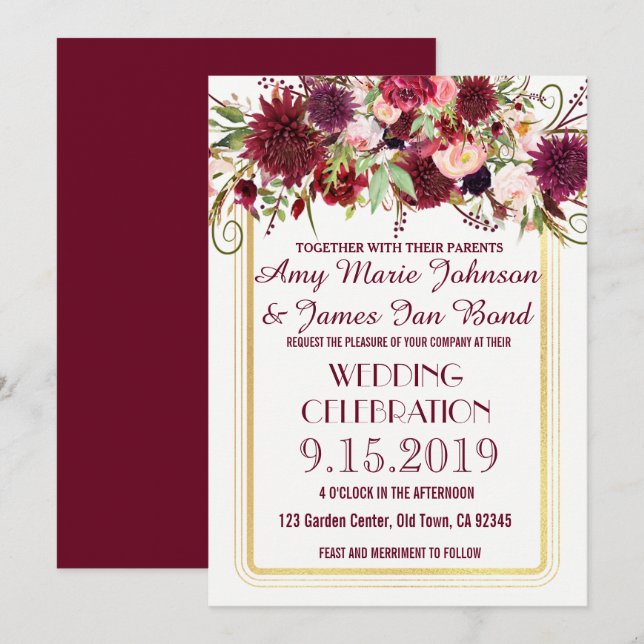 Invitation Marsala Rouge Bourgogne Floral Gold Wedding Invita (Devant / Derrière)