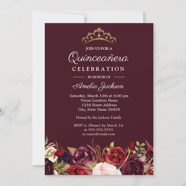 Invitation Marsala Rouge Bourgogne Floral Quinceanera Invitat (Devant)
