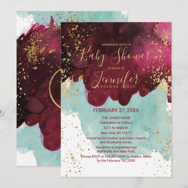Invitation Marsala Rouge Turquoise Aquarelle Baby shower or (Devant / Derrière)