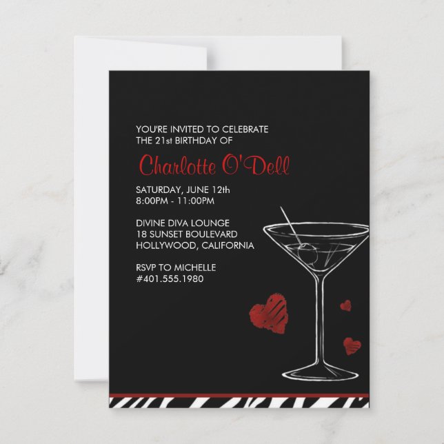 Invitation martini| amour/ coeur; fête d'anniversaire (Devant)