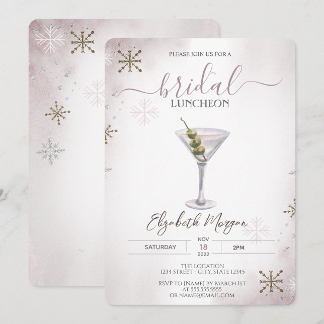 Invitation Martini, Cocktail, Snowflakes Bridal Luncheon (Devant / Derrière)